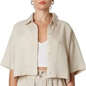 NIA Button Down Cropped Shirt Medium Beige Linen Tencel Boxy Short Sleeve